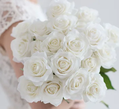 Розы Искусственные цветы настоящие на ощупь розовые цветы украшения для дома для свадебной вечеринки или дня рождения - Цвет: B White