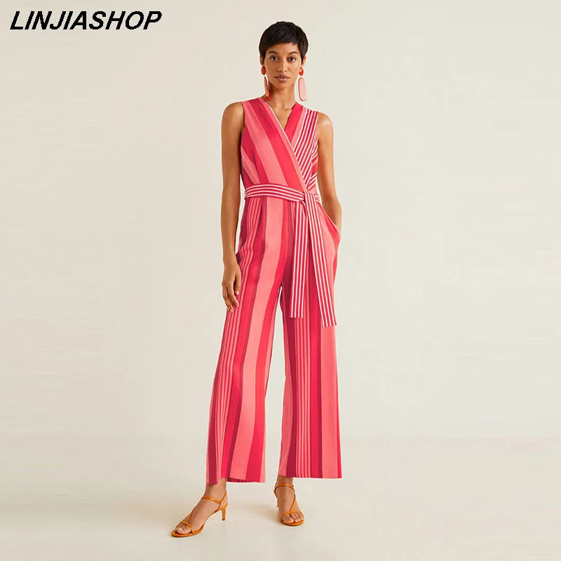 

Vintage Satin Chiffon Red Jumpsuit Women Sashes V Neck Striped Summer Vocation Beach Playsuit Bloggers Style New Arrivals 2019