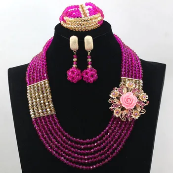 

New Fuchsia Pink Nigerian Wedding Crystal Beads Jewelry Set Costume African Jewelry Sets Free Shipping HX568