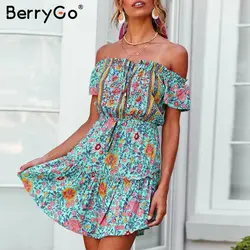 BerryGo с открытыми плечами и принтом женские платья летнее платье праздничное платье Бохо на шнуровке Большие размеры vestidos повседневное