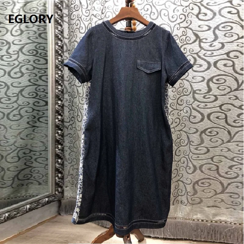 Hoge Kwaliteit Denim Jurk 2019 Zomer Mode Jeans Jurk Vrouwen O-hals Prachtige Borduurwerk Patchwork Toevallige Denim Dames Jurk