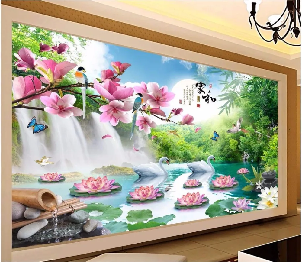 

Custom mural 3d photo wallpaper Chinese mountain falls swan lotus painting picture 3d wall murals wallpaper for walls 3 d