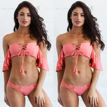 

Cool Women Sexy Swimwear Bandage Bikini set Push-up Padded Bra Bathing Suit solid color Swimsuit Off shoulder beachwear 2018