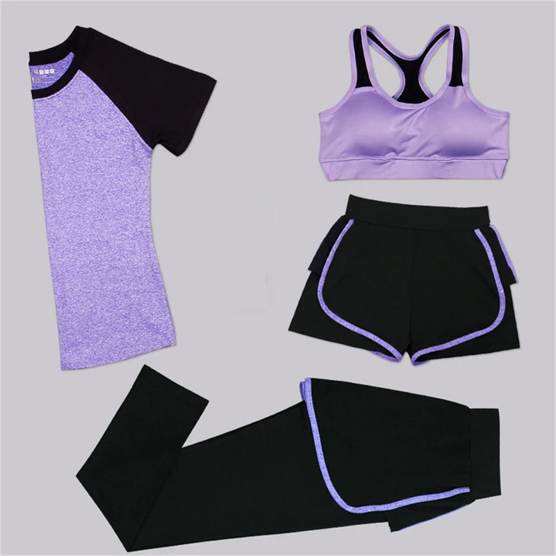 

Women 4 Pieces Yoga Set Black/Purple Patchwork T-shirt+Bra+Pants+Shorts Quick Dry Girls Sportswear Gym Running Female Outwear