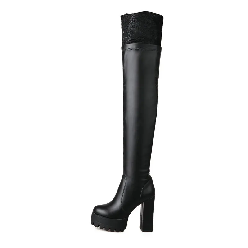 

2019 Winter Women's Over The Knee Boots Sexy Lace Thick High Heel Thigh Boots Platform Slip On Fashion Ladies Shoes White Black