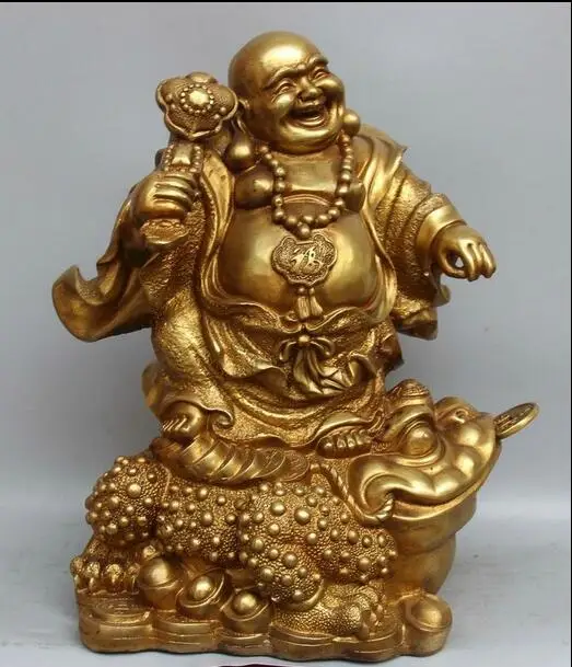 

free 16" Chinese Brass Laugh Buddha Ru Yi Statue Sculpture fast