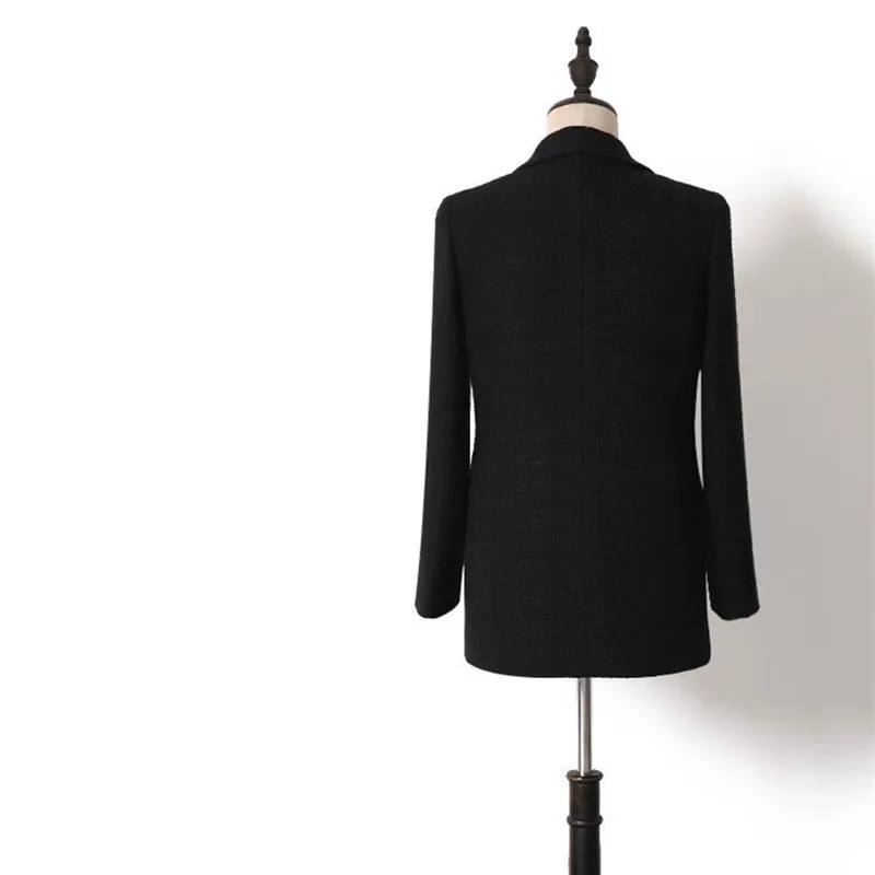 Ручной Работы Роскошный Блейзер Костюмы для женщин Мода Зубчатый воротник двубортный сплошной черный шерстяной пиджаки пальто