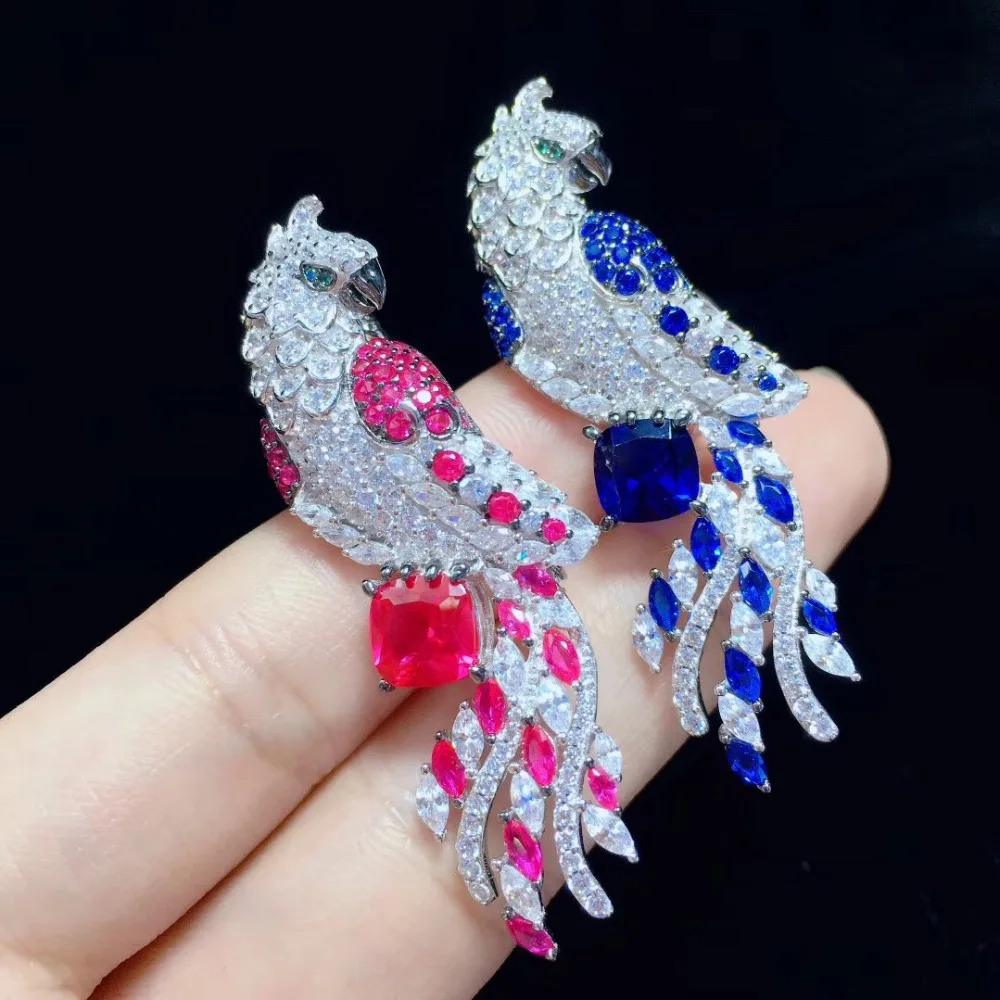 925 sterling silver with cubic zircon parrot brooch pins bird brooch red blue color fashion ...