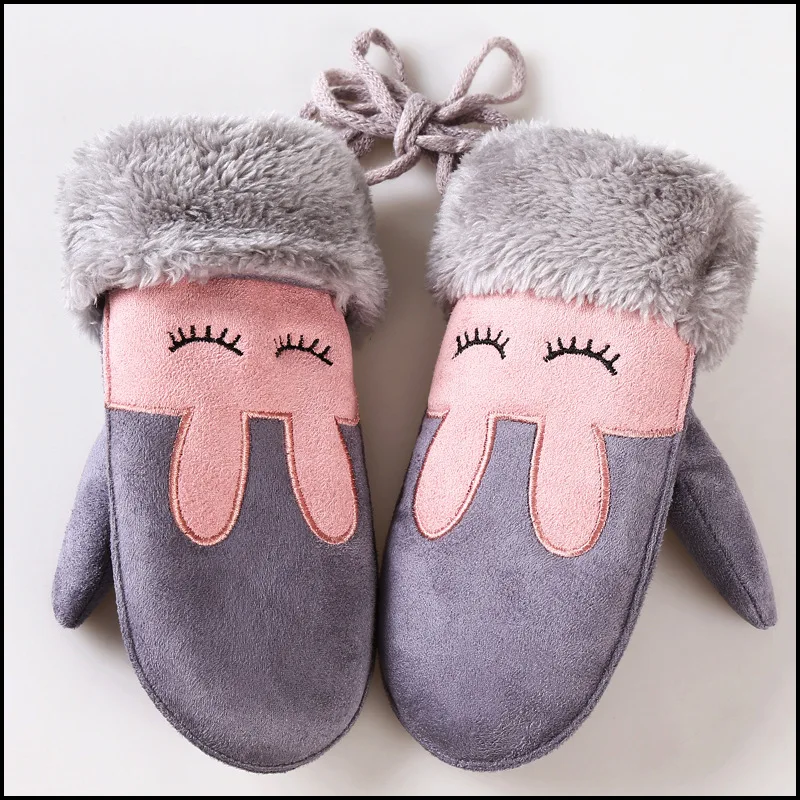 Fashion Children's Cute Cartoon Rabbit Bear Mittens Boy/Girls Winter Plus Plush Cashmere Thicker Warm Suede Leather Gloves 100