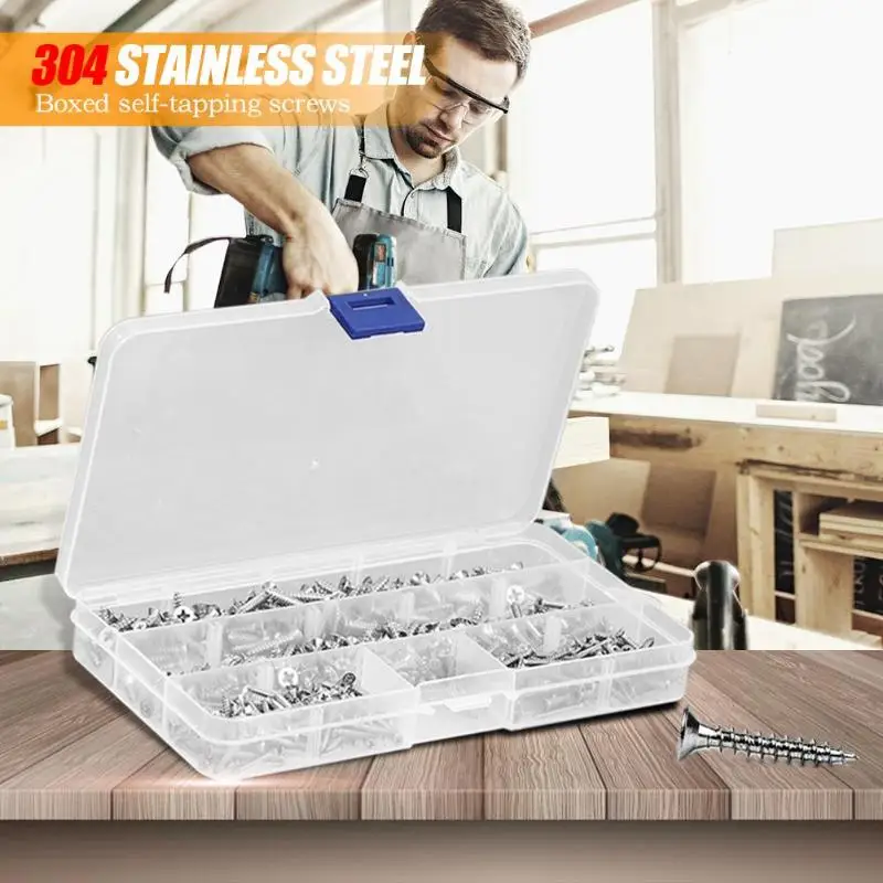 

600pcs M2.9 Stainless Steel Pan Flat Head Self-Tapping Screws Assortment Kits Lock Nut Wood Flat head Thread Nail Screw Fastener