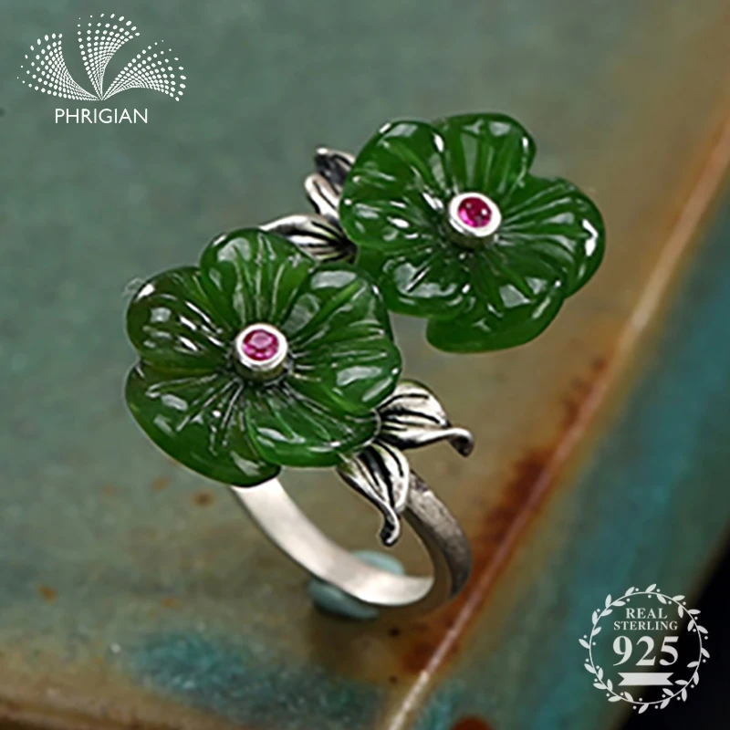 

NOT FAKE 925 Sterling silver Ring handmade Emerald Thai silver S925 fine Art double flower jade Tibetan double lotus flower