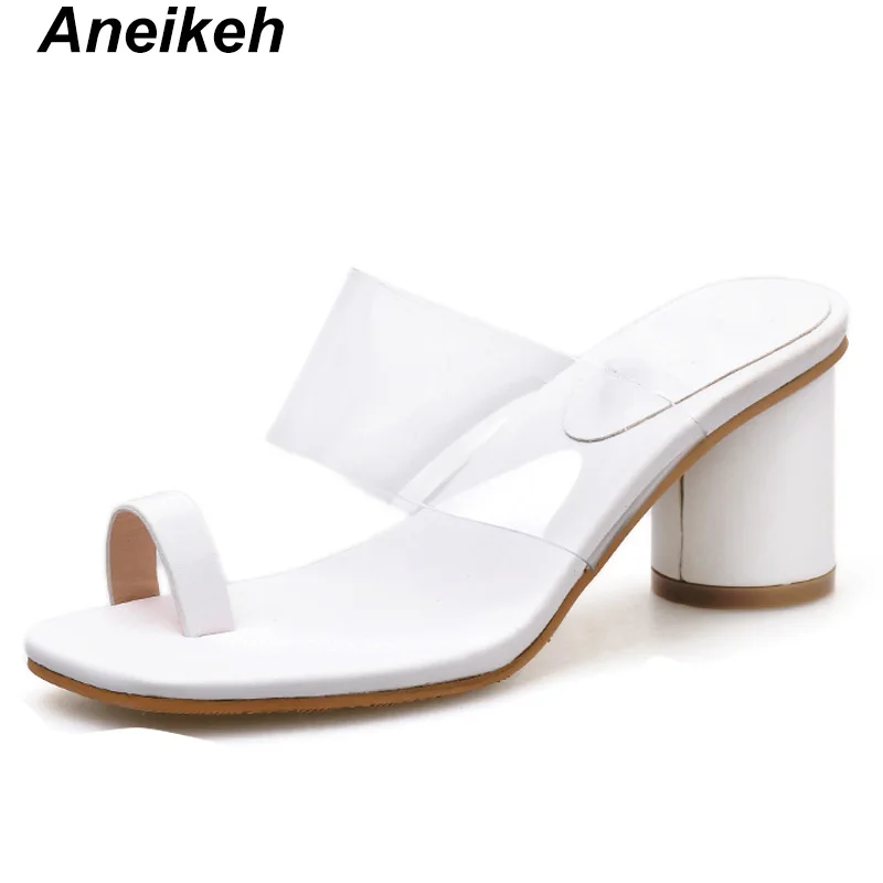 White Aneikeh/ г.; летние модные прозрачные женские шлепанцы из искусственной кожи; однотонные вьетнамки на высоком квадратном каблуке; Повседневная Уличная обувь; цвет черный, белый; Размеры 35-39 - Цвет: White