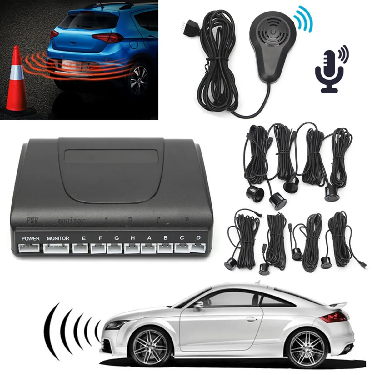 

8 Parking Sensors Car Reversing Radar Buzzer System With Human Voice Alarm Kit Front Rear Car Parking Reverse Sensors Systems