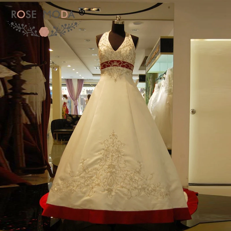 Rose Moda Halter White and Red A Line Wedding Dress Delicate Beaded Embroidery Maternity Bridal Gown with Lace Up Back