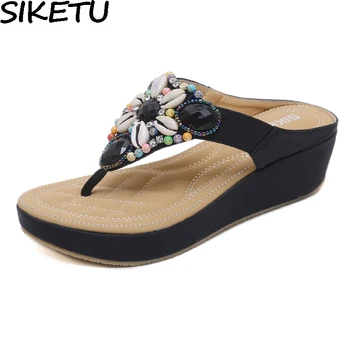 

SIKETU 2018 Women Slippers Thong Flip Flop Summer Beach Wedge Shoes Bohemia Ethnic Sheel Rhinestone Crystal Mules Slide Sandals