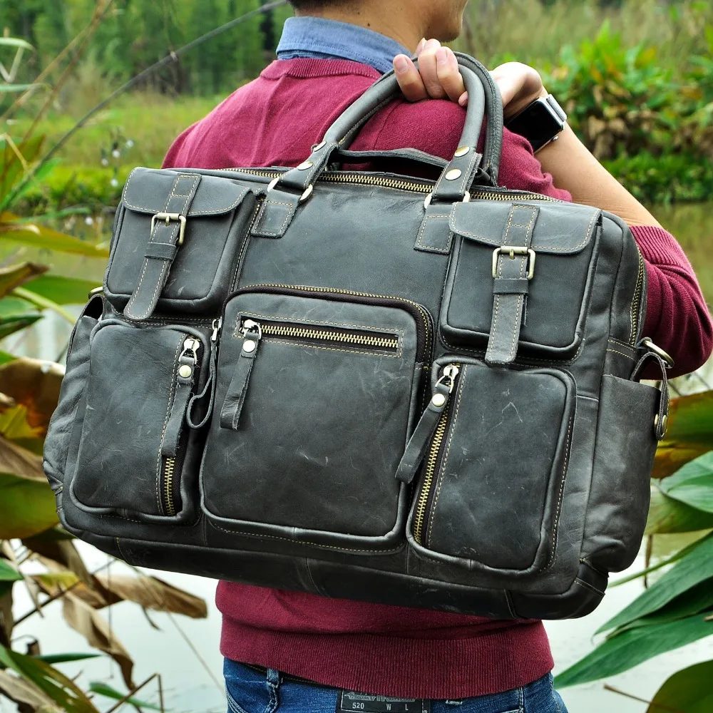 Maletín de viaje de gran capacidad antiguo de cuero Real para hombres, maletín de negocios de 15,6