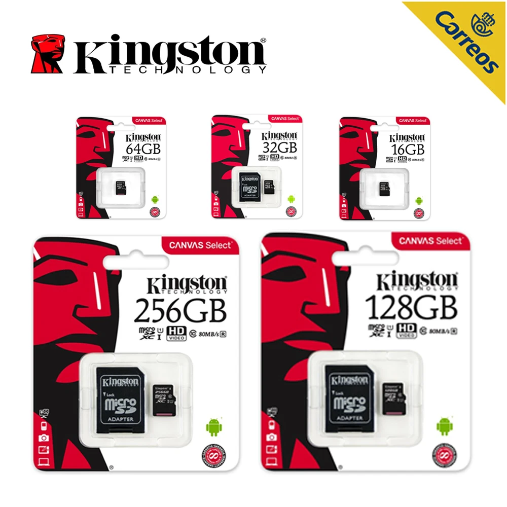 

Kingston Technology Canvas Select,256GB,128GB,64GB,32GB,16GB MicroSDXC,Class 10,UHS-I,80 MB/s,Black Memory Card for Smart phone