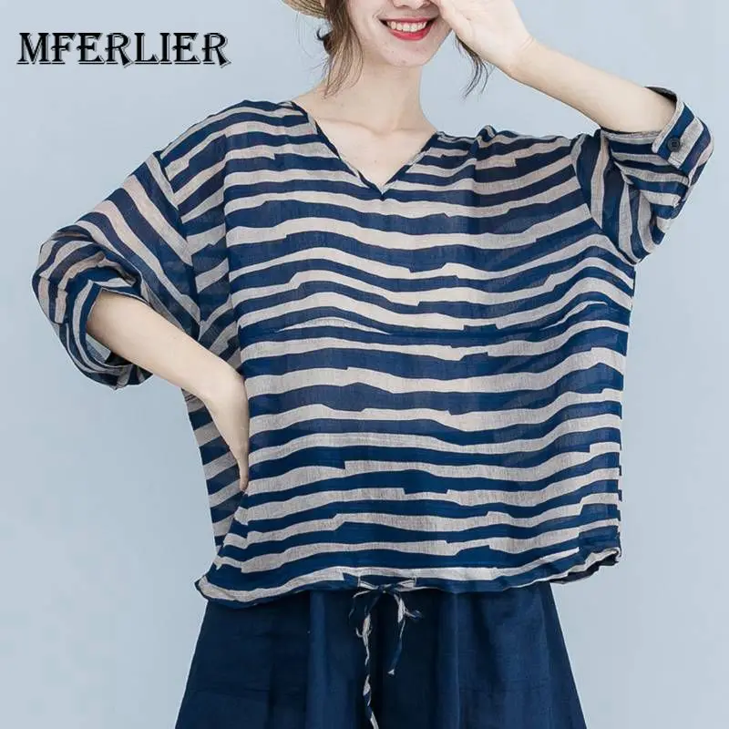 

Mferlier Women Retro Stripe Cotton Linen Blouse V Neck Short Sleeve Lace Up Hem Loose 4 Colors Artsy Ladies Blouse