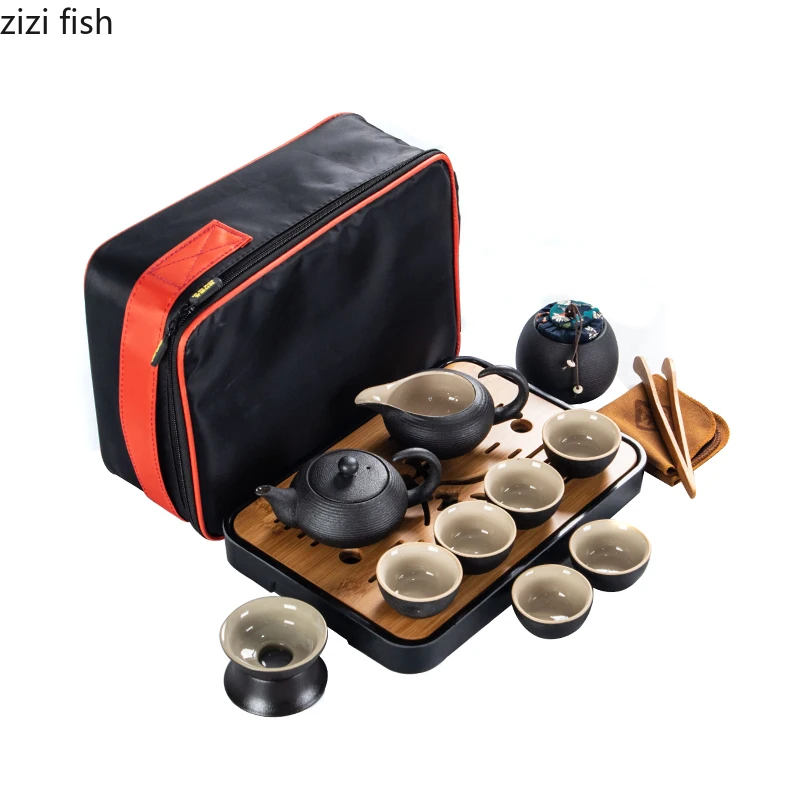 Китайский стиль Керамика черный чайный набор кунг-фу костюм один чайник и шесть чашек чехол для переноски Путешествия Чайный сервиз