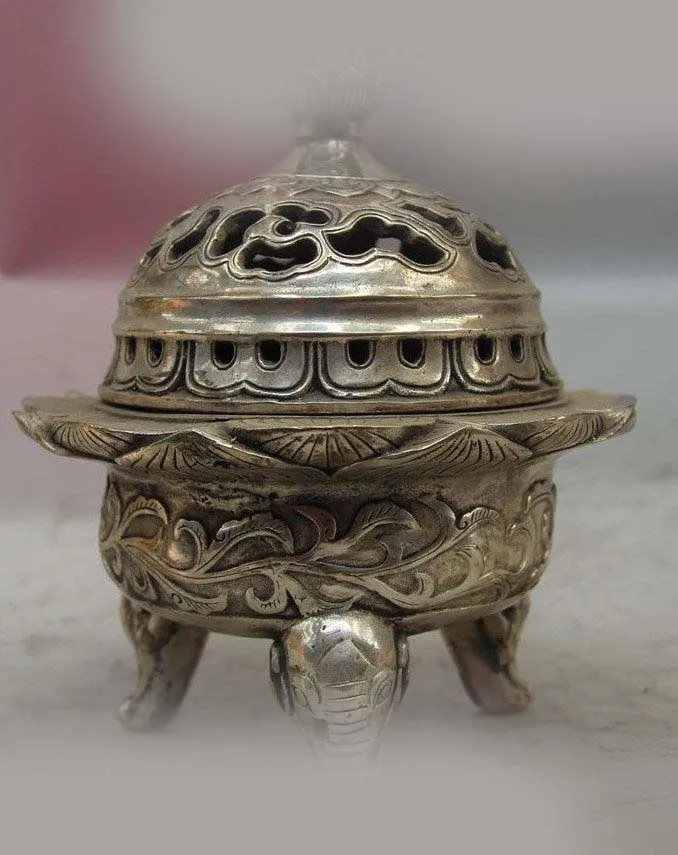

DS Chinese Buddhism Temple Tibet Silver Lotus Elephant Incense Burner Censer Statue