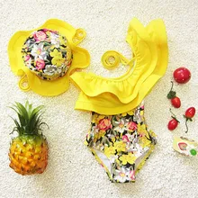 Цельный купальник с цветами, купальный костюм для детей, для малышей, для девочек; ванный комплект для девочек; модные детские купальники с шапочка для плавания