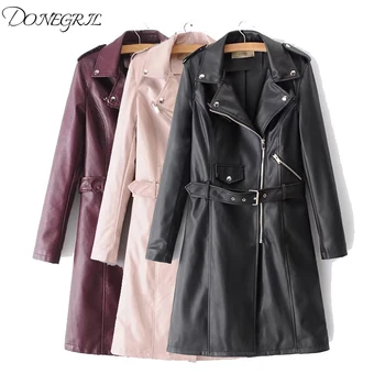 

2019 Spring Autumn Fashion New Lapel Tie Pu Leather Women's Solid Color Long Leather Windbreaker Jacket S-XL