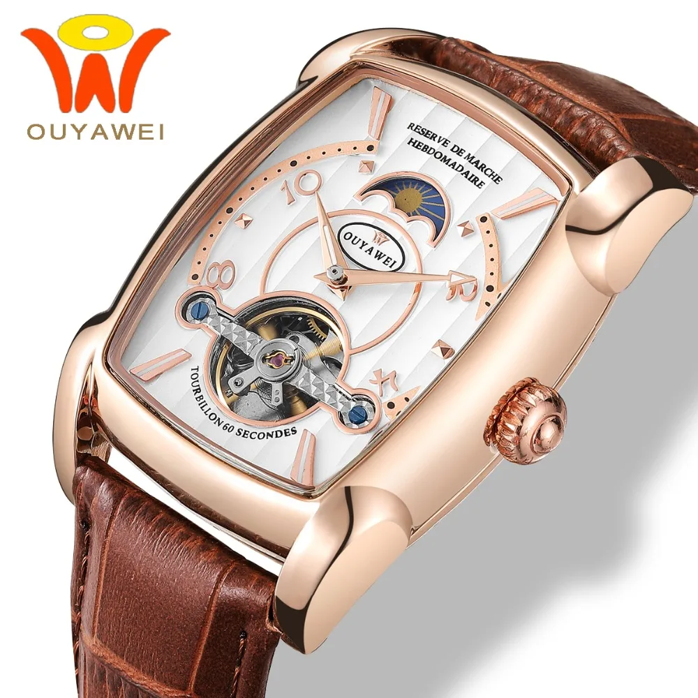 

OUYAWEI Rose Gold Rectangle Sun Moon Self-Wind Tourbillon Watch Mechanical Automatic Men Retro Leather Skeleton Mens Wrist Watch