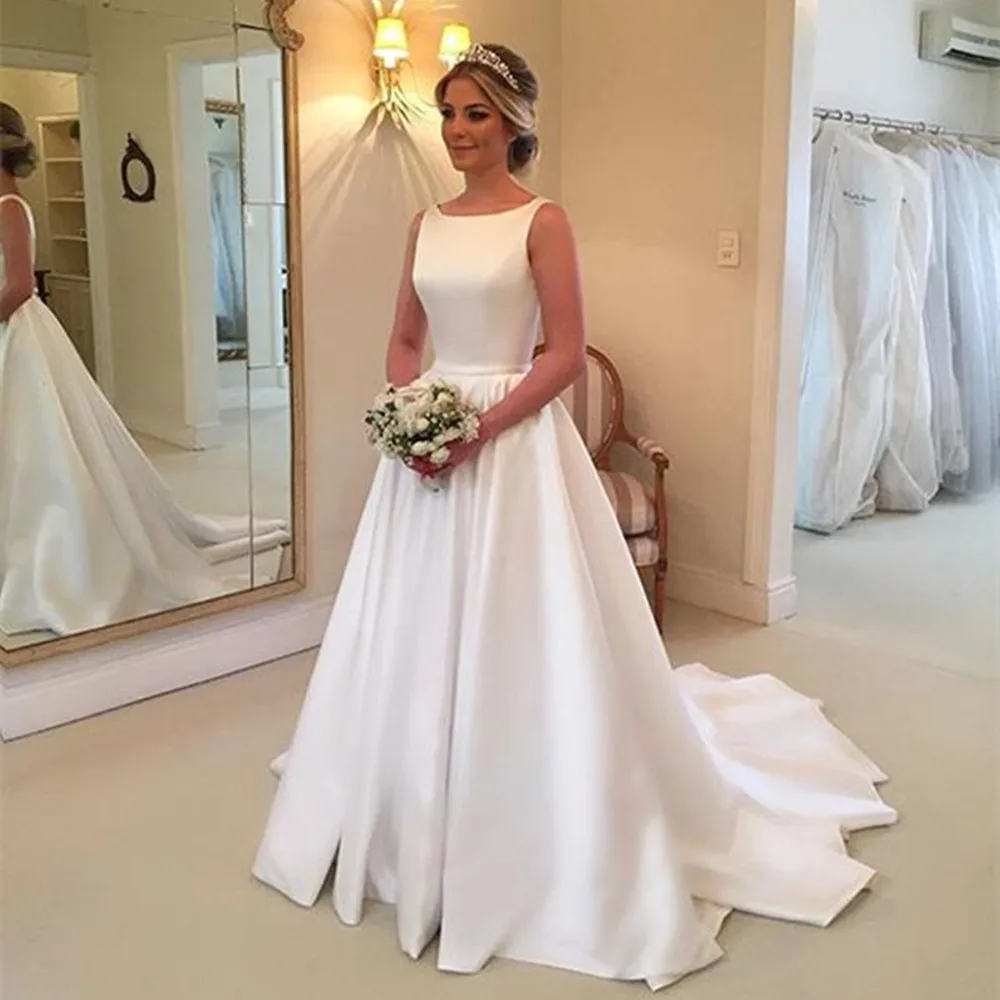 

White Satin Wedding Dresses 2019 New A Line Sweep Train Backless Simple Bridal Dress Vestido De Casameto Cheap Robe De Mariage