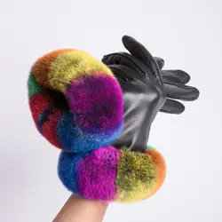 2018 Для женщин моды теплый Рекс перчатки из кроличьего меха зимняя Для женщин ладони сенсорный перчатки из шеврета женские рукавицы