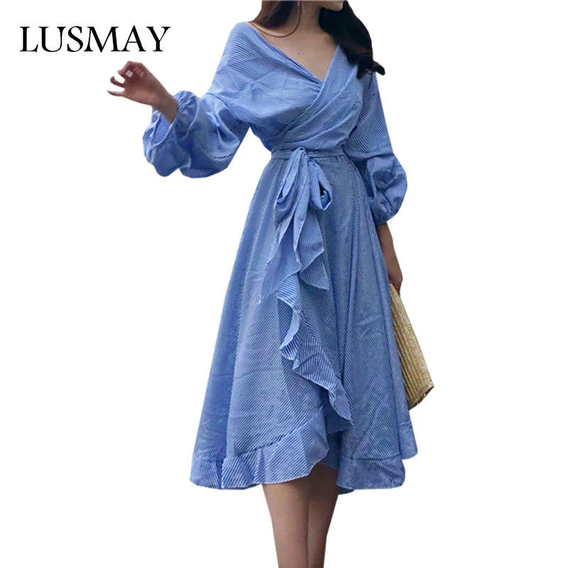 

Off Shoulder Long Wrap Dress Women 2018 Autumn Long Sleeve Sexy Dresses Vintage Elegant Asymmetric Ruffle Dress Femme Pink Blue