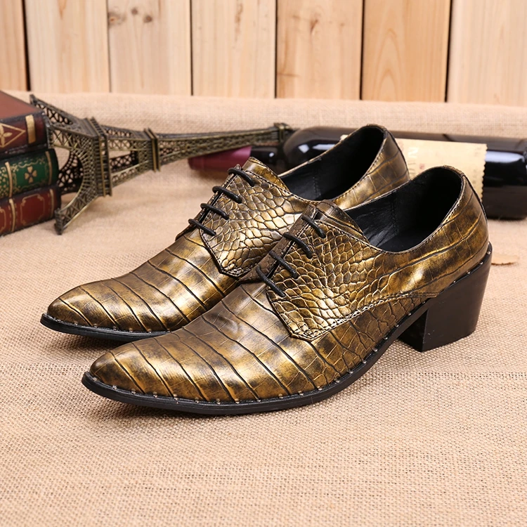 

Mens shoes high heels pointy toe genuine leather dress wedding formal shoes men lace up office male business crocodile oxford