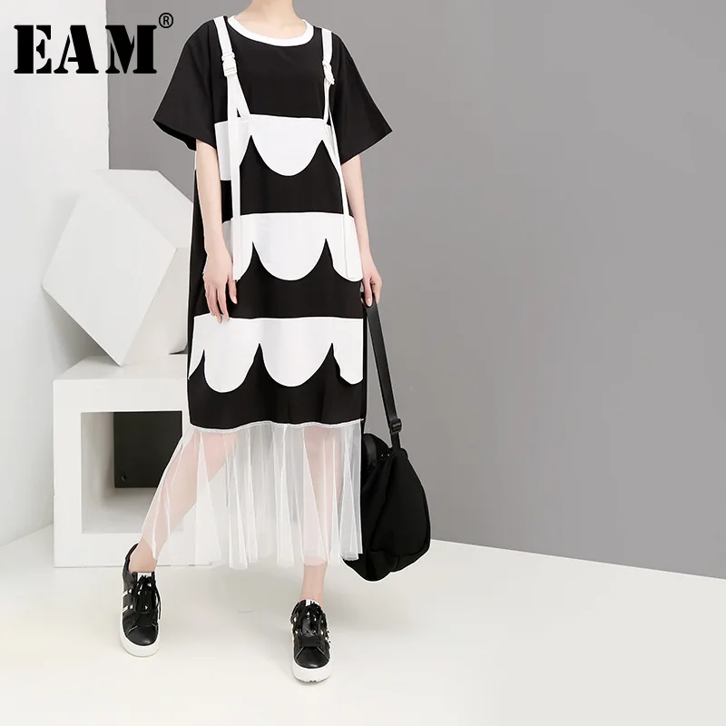 

[EAM] 2019 New Spring Summer Round Neck Short Sleeve Black Hit Color Buckle Mesh Stitch Big Size Dress Women Fashion Tide JW789
