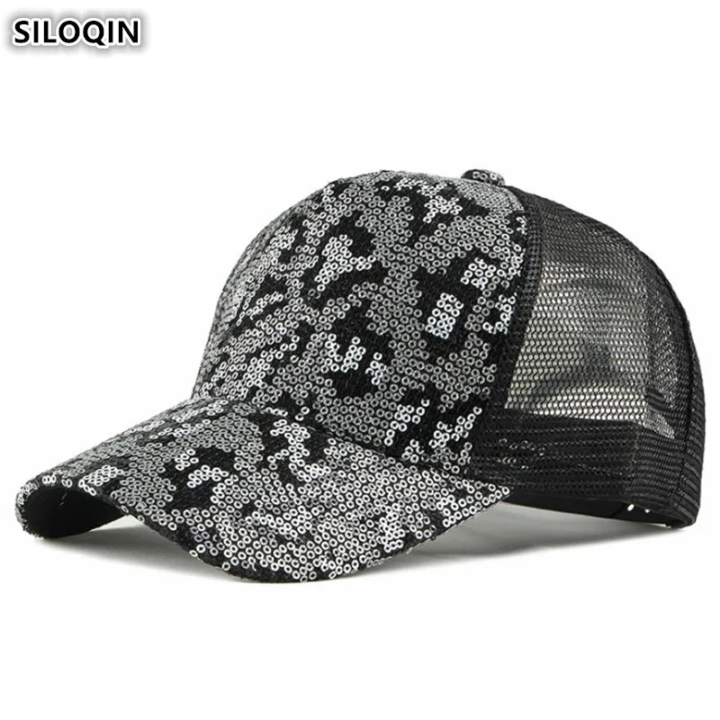 

SILOQIN Adjustable Size Women's Mesh Breathable Baseball Cap Summer Fashion Sequins Decorated Sports Caps For Women Hip-hop Hat