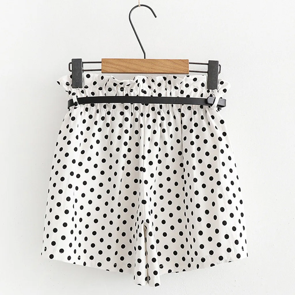 Женские модные шорты в горошек с оборками; широкие шорты; Pantalones Cortos Mujer Szorty Spodenki Damskie; короткие женские шорты с поясом