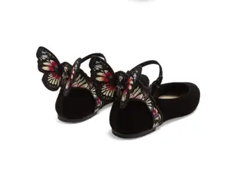 

Fashion Black Suede Leather Women Round Toe Ballet Flat Embroidery Butterfly Back Ladies Elegant Wedding Shoes Ankle Buckle Flat