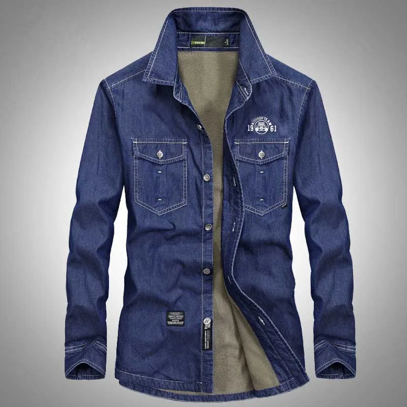 Осень Зима флисовая джинсовая рубашка мужская рубашка с длинным рукавом модная одежда джинсовая рубашка размера плюс 4XL верхняя одежда пальто синий