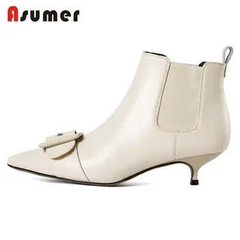 

ASUMER NEW 2020 fashion slip on genuine leather boots buckle stiletto heels ankle boots women pointed toe spring autumn boots