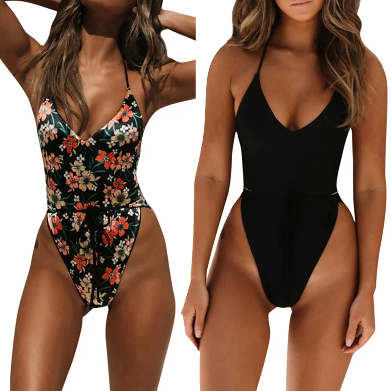 

Hot Swimwear Women Reversible One Piece Swimsuit Sling Floral Printed Halter Plunge V Wireless Unpadded Bandage Sexy Monokini