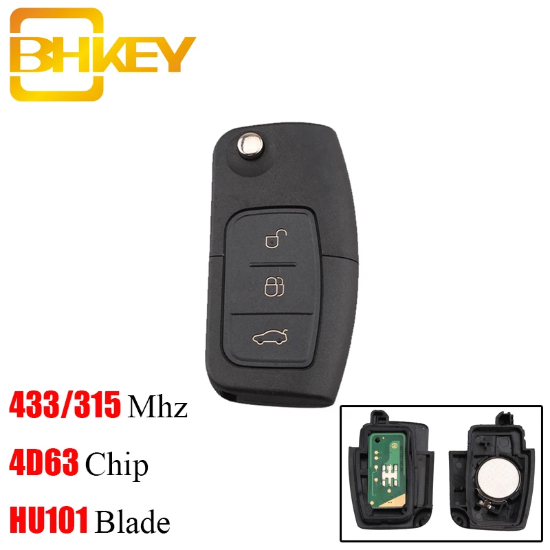 BHKEY 433 МГц 3 кнопки складной дистанционный ключ автомобиля для Ford 4D60 4D63 чип для Ford Focus 2 3 mondeo Fiesta брелок HU101 лезвие