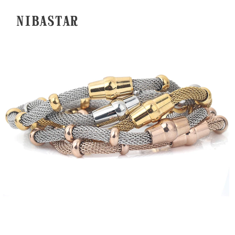 

6 Color Fashion High Quanlity Stainless Steel Net With Different Color Bead Charm Magnet Clasp Bracelet&Bangle For Women