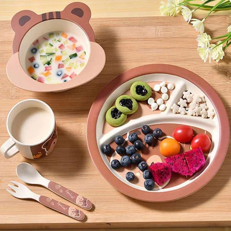 Baby Bamboo Fiber Dinnerware Children Safety Tableware Set Animal Cartoon Plate Bowl Fork Spoon Cup Food Feeding Dishes BB3092 (5)