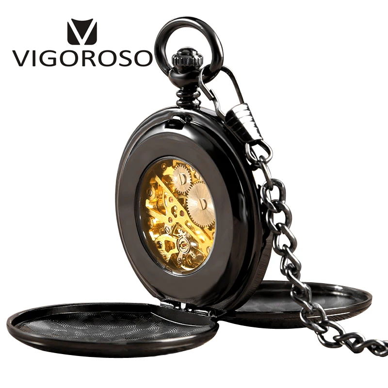 Alloy Vintage Anti Pocket Watch Steampunk Double Hunter Mechanical Skeleton Pocket Watch Chain Anniversary Gift