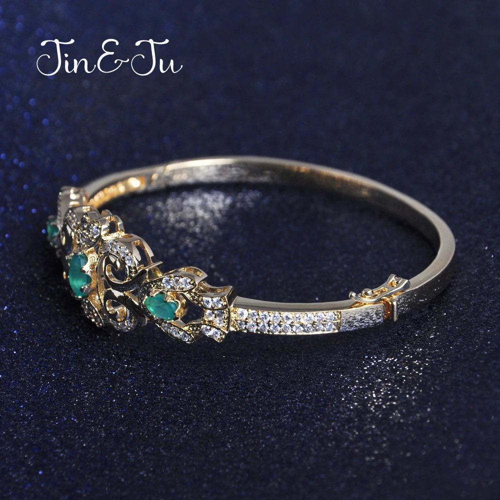 Женский браслет из ротанга и фианита JIN & JU зеленый золотой в винтажном стиле с