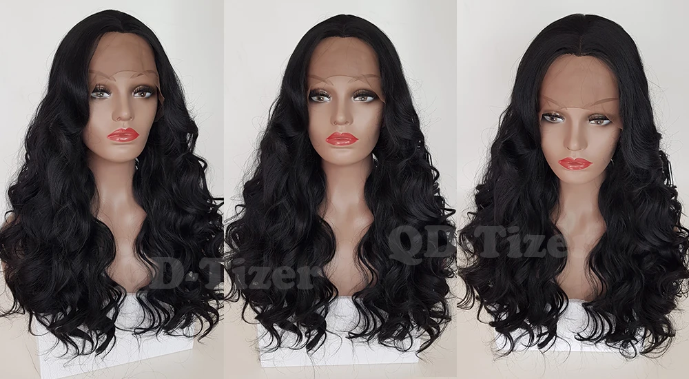 QD-Tizer Body Wave Black Color with Bangs Lace Wigs Glueless Big Wavy Heat Resistant Synthetic Lace Front Wig 180 Density Hair6