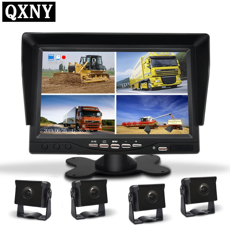

QXNY 7" IPS 4CH Video input Car Video Monitor For Front Rear Side View Camera Quad Split Screen Recording images simultaneously