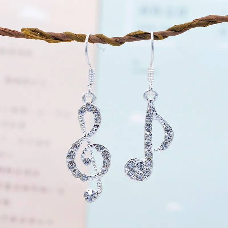 1Pair Music Notes Ear Hook Crystal Silver Color Rhinestone Earring