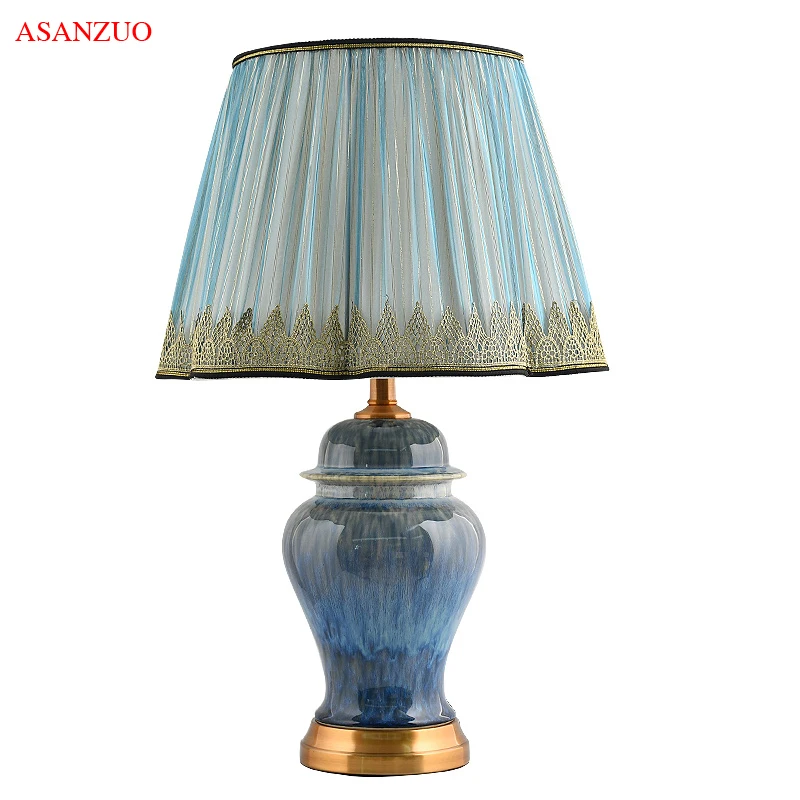 

American gold-plated blue ceramic table lamp creative living room bedroom art decorative desk lamp