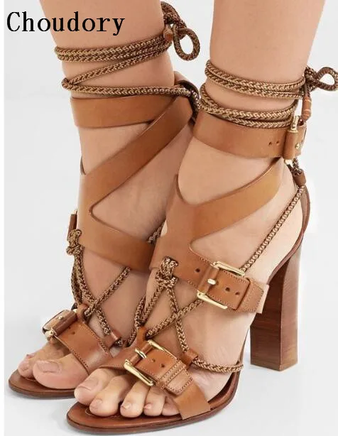 

2017 Brown Cross Strap Cut Out Summer Booties Woamn Chunky Heel Sandals Lace Up Gladiator Sandals Women