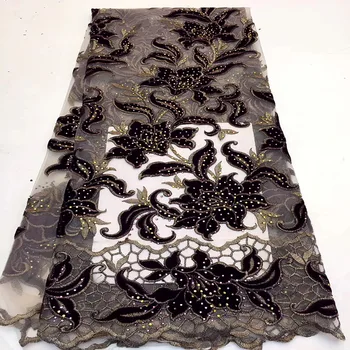 

NEW French 3D Flowers Mesh Lace Fabric High Quality African Nigerian Tulle With Rhinestone Lace Fabrics For Dress 5 Yards A1576