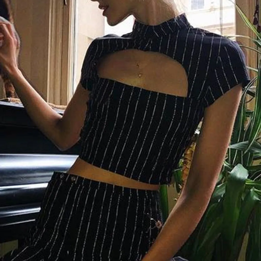 

Sexy Strapless Women Blouse Striped Print Ladies Summer Blouse Tops Short Sleeve Stand Collar Crop Tops Sheath Vogue Shirt Blusa